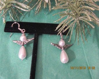 Angel Earrings, Guardian Angel Earrings, Silver Earrings,  Pearl Earrings, Ivory Earrings, Dangle Earrings, Beaded Angel