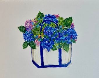 Blue Hydrangeas in a canvas bag watercolor print