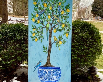 Lemon Tree and  Parakeets  Original Painting  free shipping