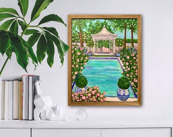 Pool, Pagoda and Palm Trees print