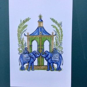 Chinoiserie Blue Elephants and Monkeys in a Greek  Pagoda Print