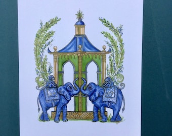 Chinoiserie Blue Elephants and Monkeys in a Greek  Pagoda Print