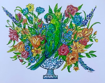 Chinoiserie  Parrot, Blue and White Ginger jar, bright flowers print