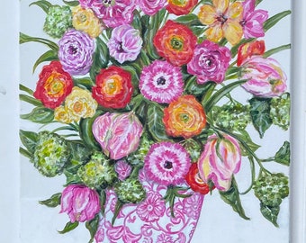 Pink and white Ginger Jar filled with spring flowers. Original painting, free shipping
