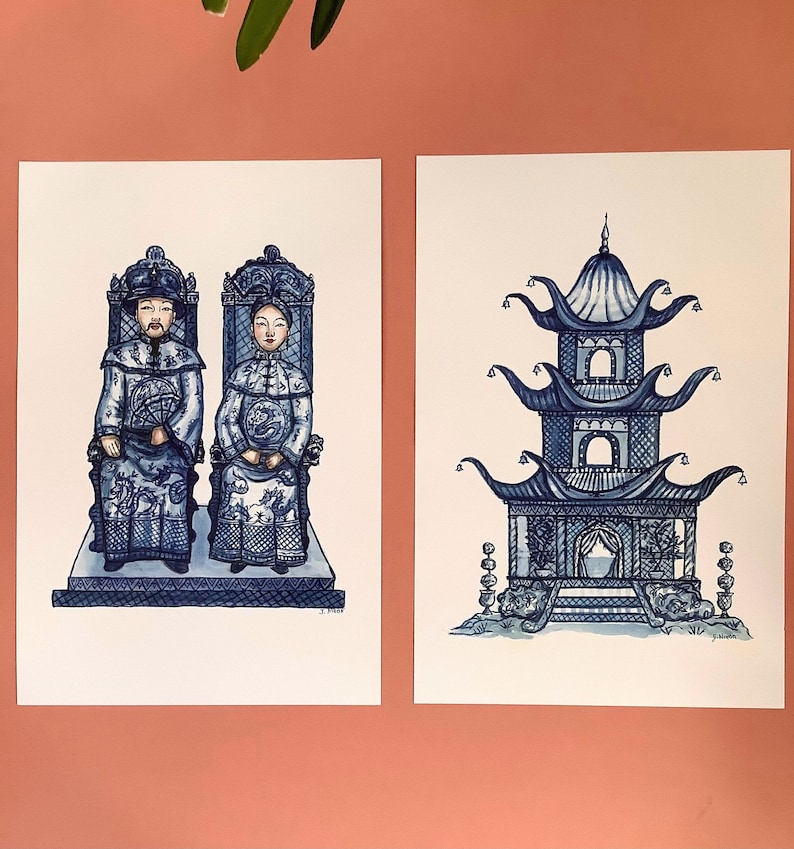 Chinoiserie blue and white print pagoda, king and queen image 5