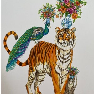 Chinoiserie and Whimsical Tiger, Peacock and cat.