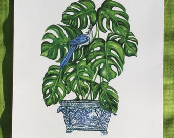 Chinoiserie plant in blue and white china print