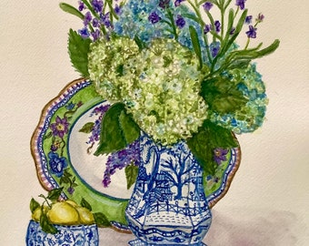 Hydrangeas and lemons Chinoiserie original watercolor