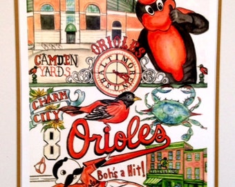 Baltimore Orioles Print, fun and bright celebrating our team at Camden Yards.