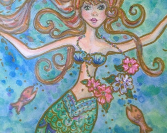 Mermaid print of a watercolor fits in a standard 11 x 14 frame