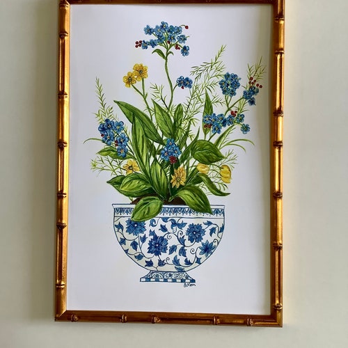 Impression de fleurs chinoises dans un pot de gingembre bleu et blanc