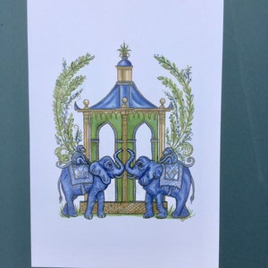 Chinoiserie Blue Elephants and Monkeys in a Greek  Pagoda Print