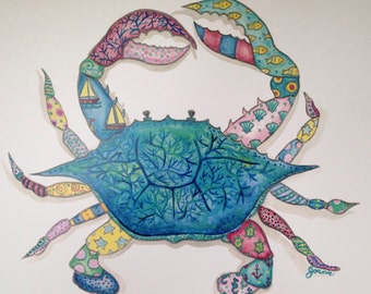 Colorful crab print from original watercolor, image is 11 x 14 perfect for a standard size frame, also have matching Lobster