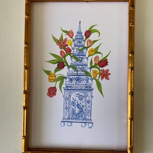 Watercolor print of Tulips in a chinoiserie vase