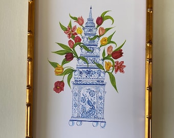 Watercolor print of Tulips in a chinoiserie vase