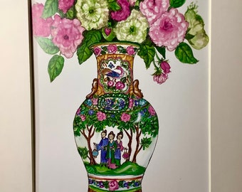 watercolor Print of Colorful Chinoiserie Vase with Pink and Green Flowers