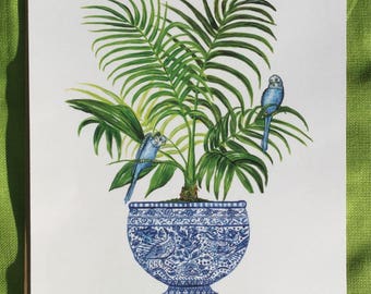 Chinoiserie Palm Tree in a blue and white china pot print