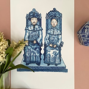 Chinoiserie blue and white print pagoda, king and queen image 1