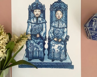 Chinoiserie blue and white print pagoda, king and queen