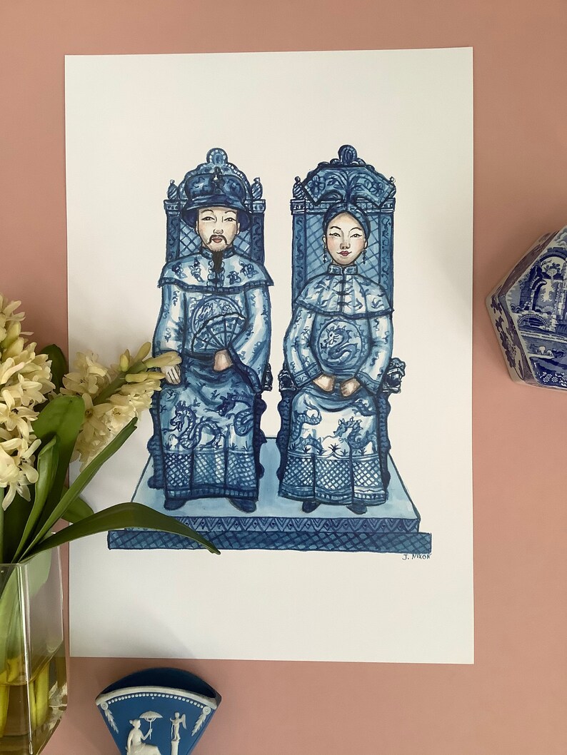 Chinoiserie blue and white print pagoda, king and queen image 1