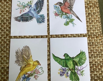 Colorful birds with flowers and bows  watercolor print