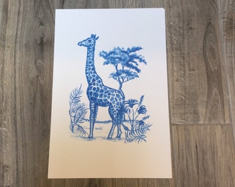 Impresión chinoiserie giraffe azul y blanco