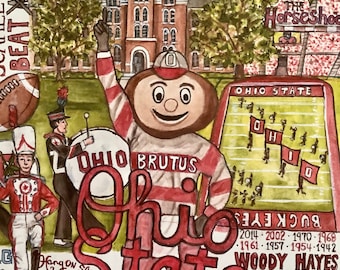 May include: A watercolor illustration of Ohio State University's mascot, Brutus Buckeye, wearing a red and white striped jersey. The illustration includes the words "Ohio State", "Buckeyes", "Columbus", "The Horseshoe", and "Beat Michigan".