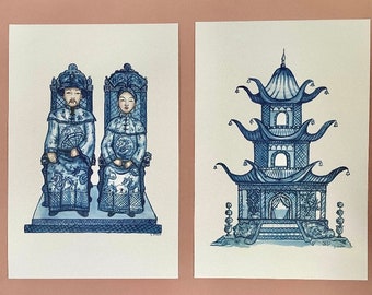 Chinoiserie Prints Pagoda and King and Queen 2 Prints for 50.00