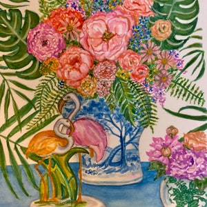 Chinoiserie Ginger Jar with pink and green flowers print image 2