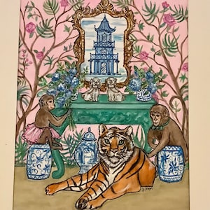 Chinoiserie print a Tiger and Two Monkeys Pink and Green