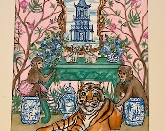 Chinoiserie print a Tiger and Two Monkeys Pink and Green