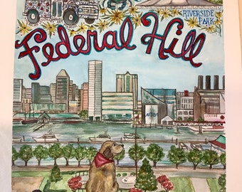 Peut inclure: Une peinture à l'aquarelle représentant l'horizon de Baltimore avec les mots "Say Can You See Federal Hill" en lettres rouges et bleues. La peinture comprend également un crabe, un bus, un carrousel, un chien, un corbeau et les mots "Mother's Ropewalk" et "S. Charles St. Banditos".