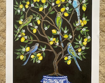 Lemon Tree and Parakeets Black Background print