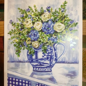 Chinoiserie Blue and White ginger Jar filled with Hydrangeas and roses print