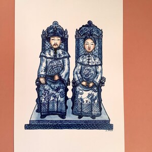 Chinoiserie rojo y blanco impresión pagoda, rey y reina imagen 2