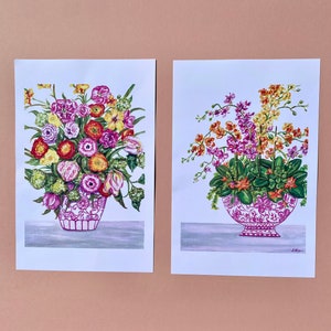 Pink chinoiserie Ginger Jar with colorful flowers. Print of original painting