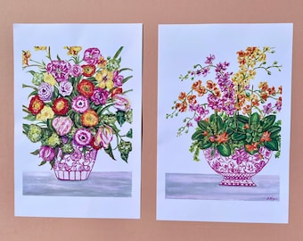 Pink chinoiserie Ginger Jar with colorful flowers. Print of original painting