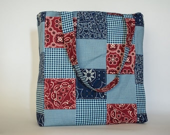 Western Blue and Red Bandana Tote Bag