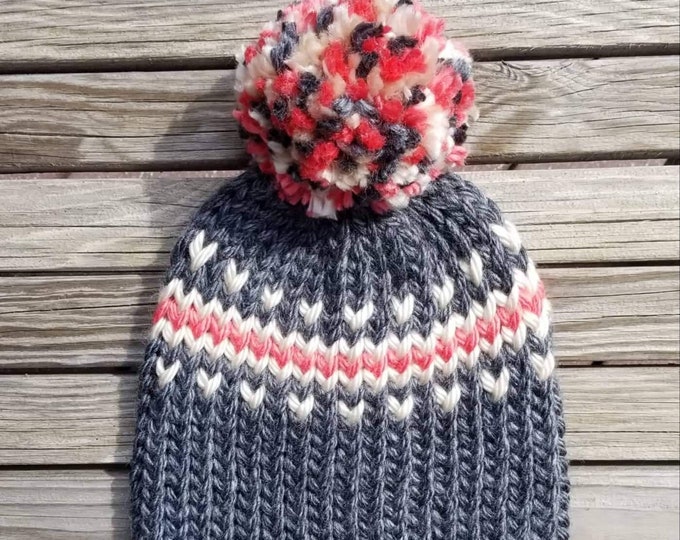 Charcoal & Coral Tiny Heart Beanie Pom Hat