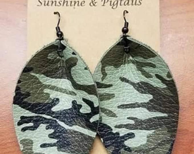 Camo Leather Leaf Earrings