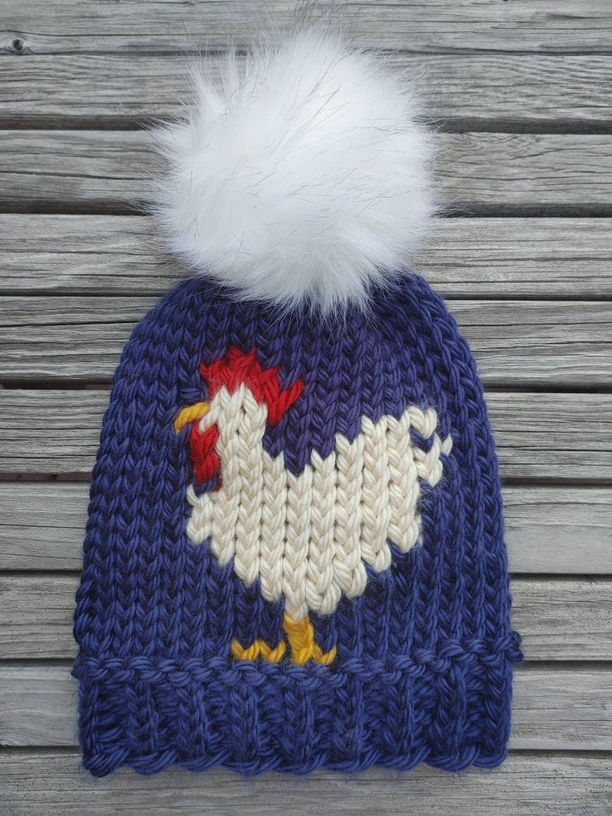 Knit Chicken or Sheep Hat, Striped Chicken Hat in Thaw and Glacier Beanie  Wool Blend Womens Adult Faux Fur Pom Hat 