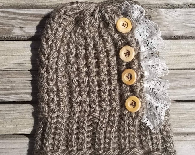 Mahogany Lace Button Beanie