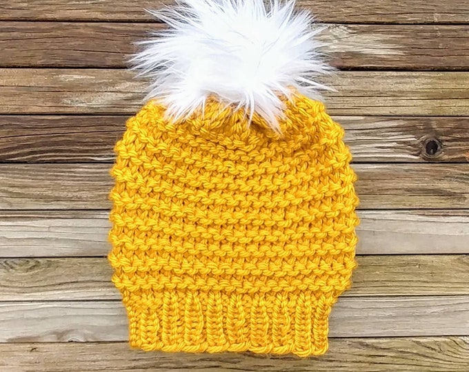 Slouchy Mustard Pom Beanie