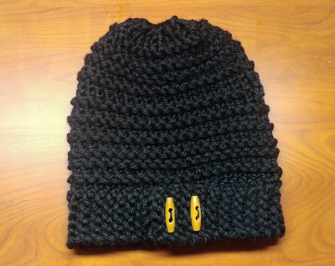 Button Flap Brim Slouchy Beanie
