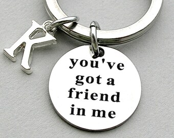 Stainless Steel Charm " You've Got A Friend In Me " Keyring, Best Friend, Personalize Initial,Stainless Steel,Woody & Buzz,Toy Story Jewelry
