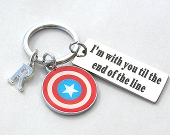 Stainless Steel " I'm With You Til The End Of The Line ", Captain America, Shield , Keychain,  Initial, Personalized Keychain, Under 20