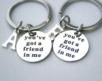 Set Of TWO -" You've Got A Friend In Me " Keyrings , Best Friend, Personalize Initial, Stainless Steel, Woody  & Buzz , Toy Story Jewelry