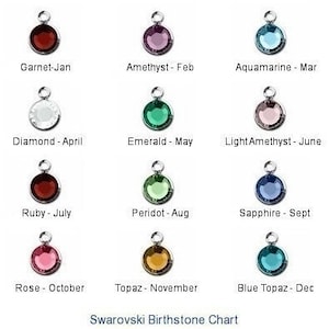 May include: A Swarovski birthstone chart featuring twelve circular charms with faceted crystals in various colors, each with a silver jump ring. The text labels include Garnet-Jan, Amethyst-Feb, Aquamarine-Mar, Diamond-April, Emerald-May, Light Amethyst-June, Ruby-July, Peridot-Aug, Sapphire-Sept, Rose-October, Topaz-November, and Blue Topaz-Dec.