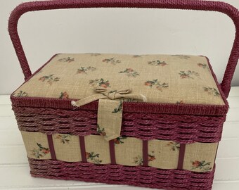 Sewing Box Sewing Accessories Floral Print Gift With Handle Container Home Fabric Craft Rectangle Storage Vintage Removable Tray Basket Handmade Orange