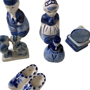 Vintage Delft Blue and White Miniatures Lot of 5,  Delft Salt Pepper Shakers, Dutch Shoes, Small Blue & White Miniatures, Signed Delft